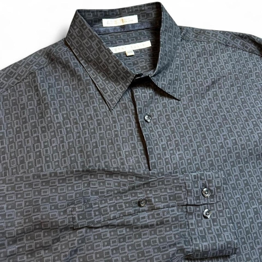 Perry‎ Ellis Mens Large Long Sleeve Button-Up Shirt 100% Silk Classic Fit Black